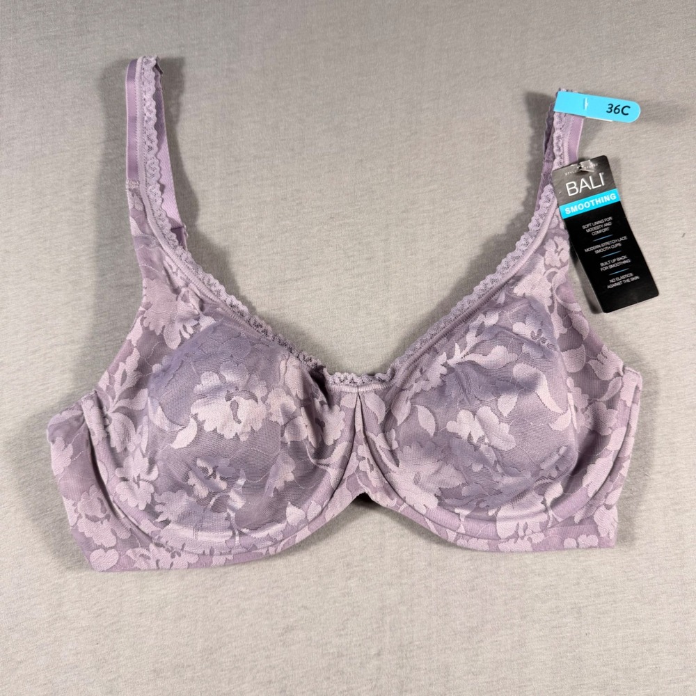 Bali Smoothing Underwire Bra 36C Lavender Purple Floral Lace DF6590 NWT